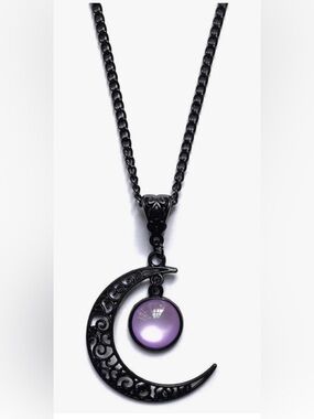 Moon Crescent Pendant Necklace with Purple Glass Cabochon